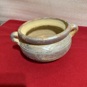 Vintage Hand-Carved Ceramic Pot Vessel w/ Dual Handles Tribal Geometric Design